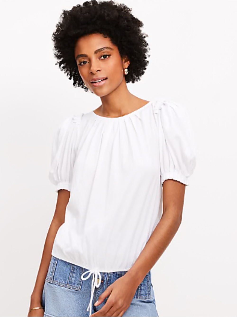 LOFT White Pleated Tie Puff Sleeve Top Size S NWT